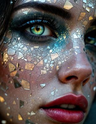 The primary subject of the image is a woman with a unique and artistic appearance. She has a face painted with a combination of gold, green, and blue colors, giving her a striking and eye-catching look. The setting is a close-up of her face, and the visual style is a mix of digital art and illustration. The colors and mood of the image are vibrant and lively, with the gold, green, and blue colors creating a sense of warmth and energy.